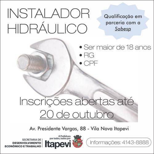  Inscrições abertas para curso de instalador hidráulico em Itapevi