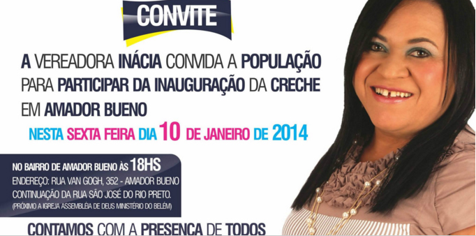 Vereadora Inácia convida para inauguração da creche em Amador dia 10