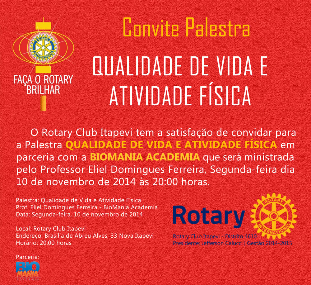  Palestra Qualidade de Vida e Atividade Física dia 10 no Rotary Itapevi